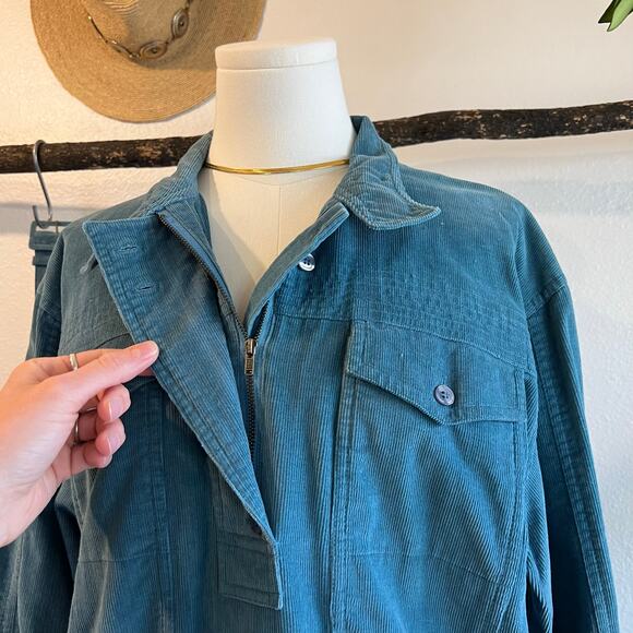 Vintage Blue Cotton Corduroy Utility Zipper Collared Shirt Belt Dress Size Small - Picture 3 of 16